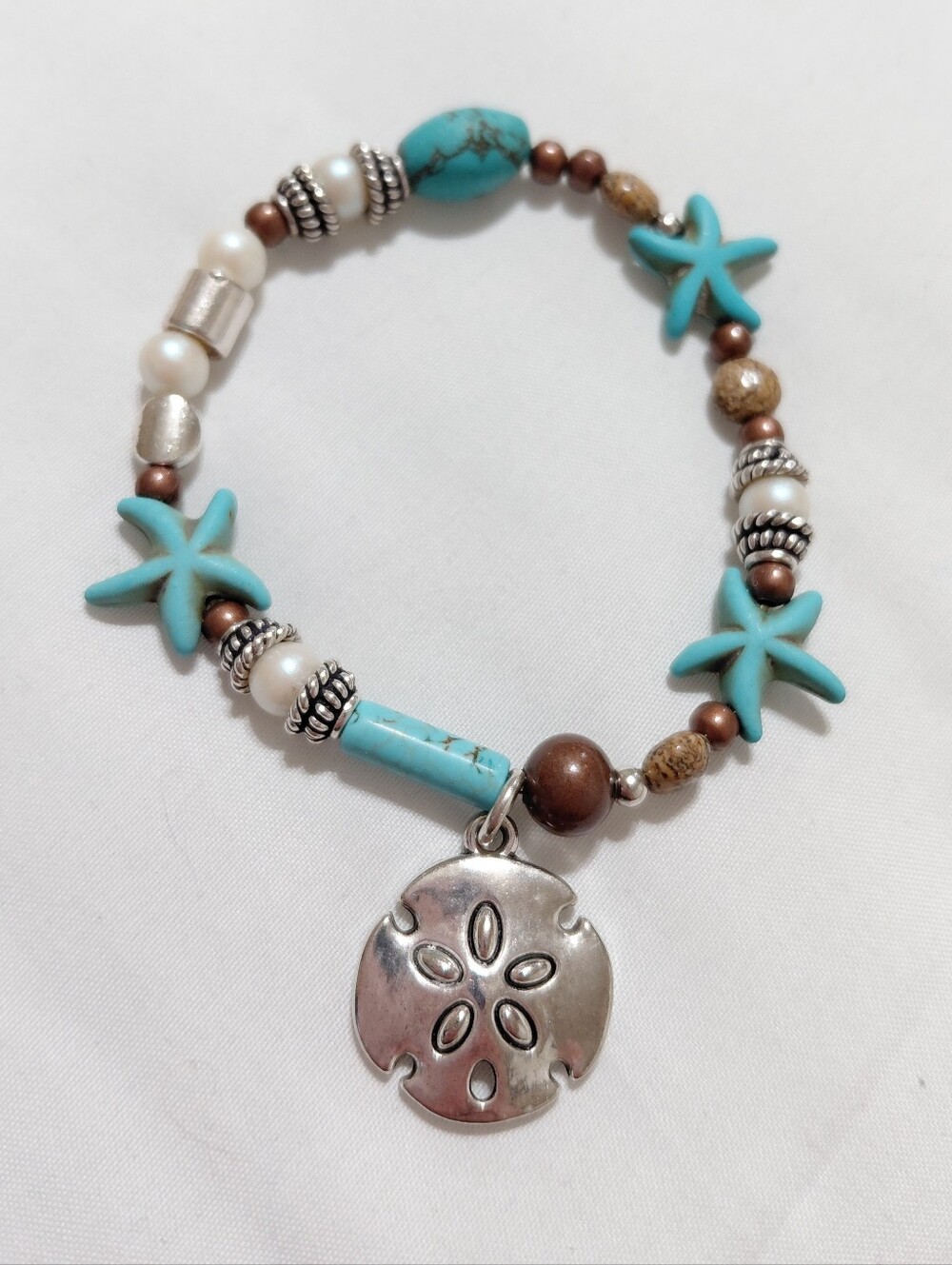 Silver Turquoise Starfish San Dollar Pearl Bracelet